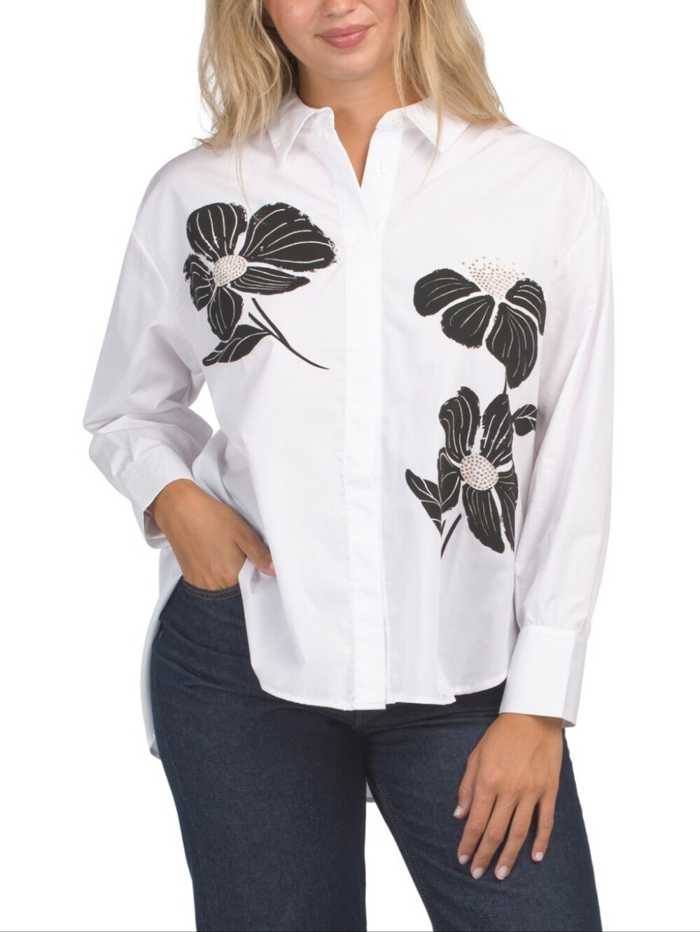 Nwt Medium Kaktus White Button-Down Shirt with Black Floral Print